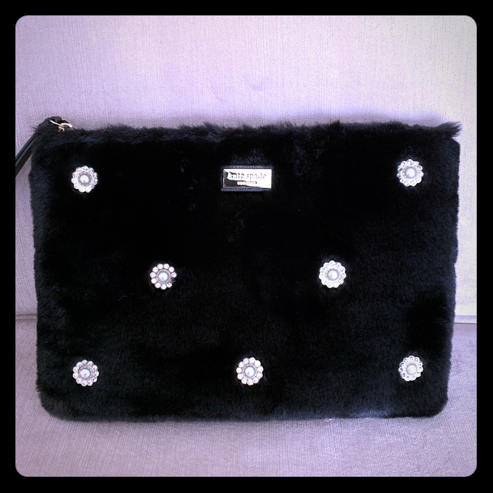 NWT! Kate Spade Gia Black Faux Fur Black Clutch